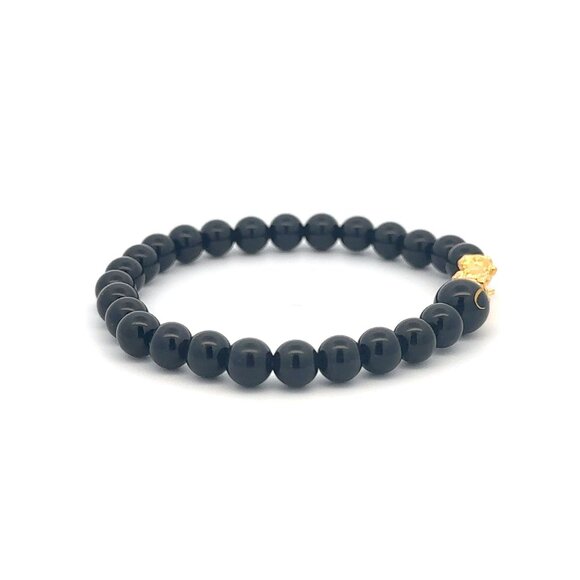 18K Gold Pixiu Piyao Bracelet Gemstones Onyx 6mm Elastic Bracelet Letter C - Picture 5 of 7